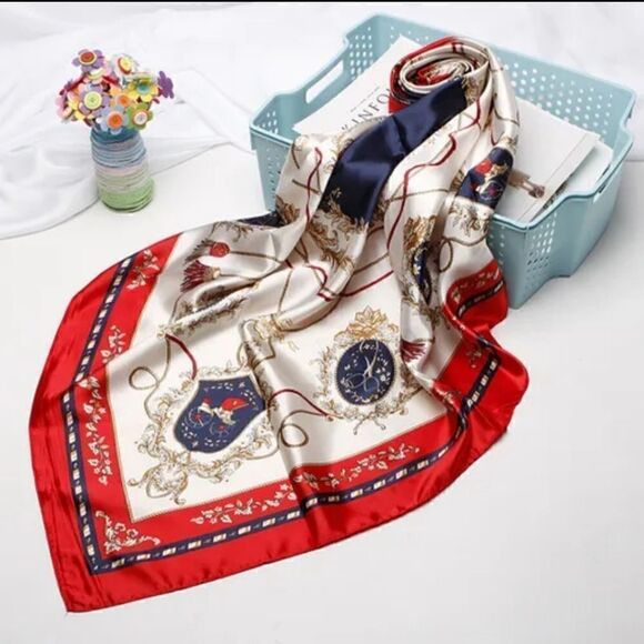 Women's Fashion Red or Blue Print Square Scarf Soft Satin Silky Shawl Scarves - Picture 3 of 10